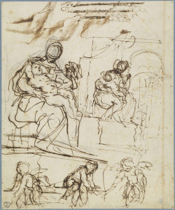 Simone Cantarini (Pesaro 1612 – Verona 1648) Studio per Madonna con il Bambino inv. 4154 S Penna e inchiostro, pietra nera e tracce di pietra rossa su carta mm. 273 x 226 